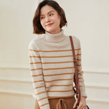 Womens Turtleneck Cashmere Sweater Striped Cashmere Knit Pullover Soft Beige XS