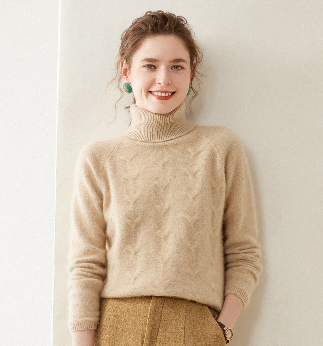 Womens Turtleneck Cashmere Sweater Textured Knit Turtleneck Pullover Camel XS