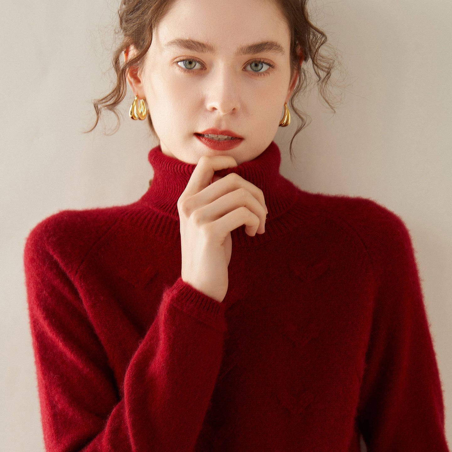 Womens Turtleneck Cashmere Sweater Textured Knit Turtleneck Pullover Claret XS