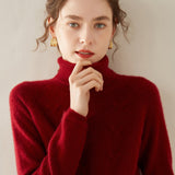 Womens Turtleneck Cashmere Sweater Textured Knit Turtleneck Pullover Claret XS
