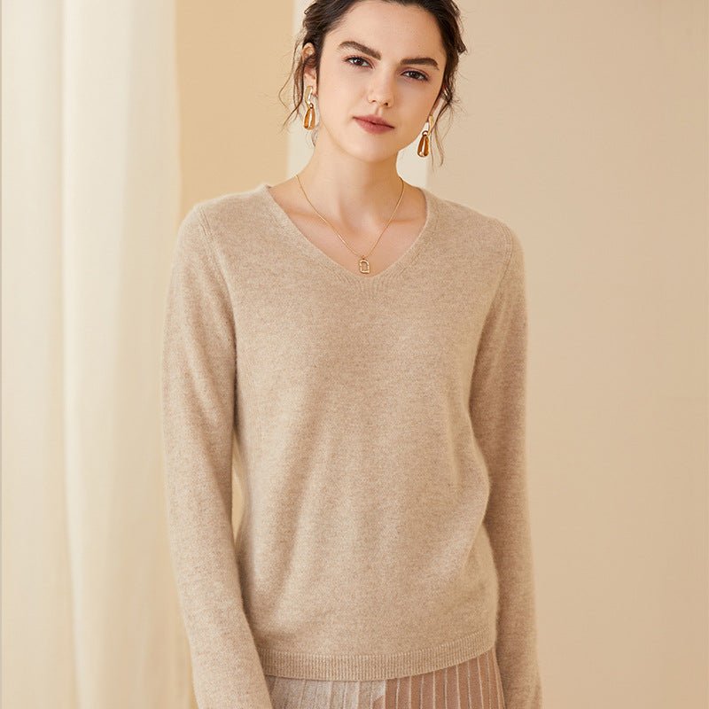Womens V - Neck Cashmere Sweater Long Sleeve Warm Cashmere Sweater