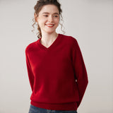 Womens V Neck Cashmere Sweater Long Sleeve Cashmere Knit Pullover Claret XS