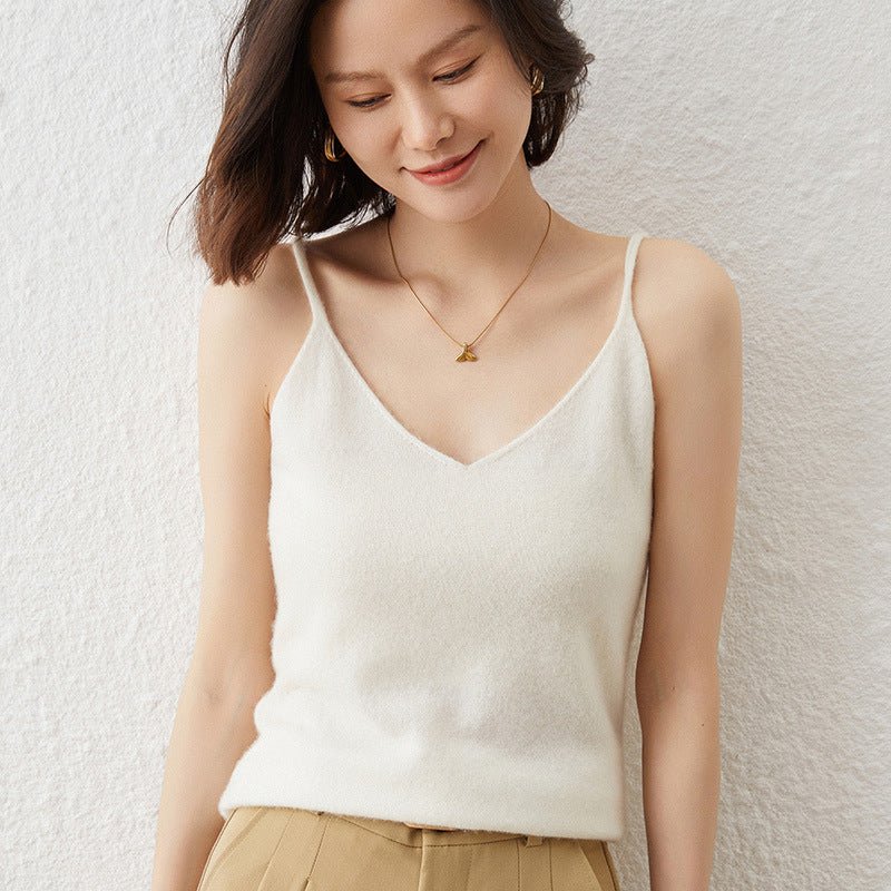 Women's V Neck Cashmere Tank Tops Basic Solid Spaghetti Straps Cashmere Vest