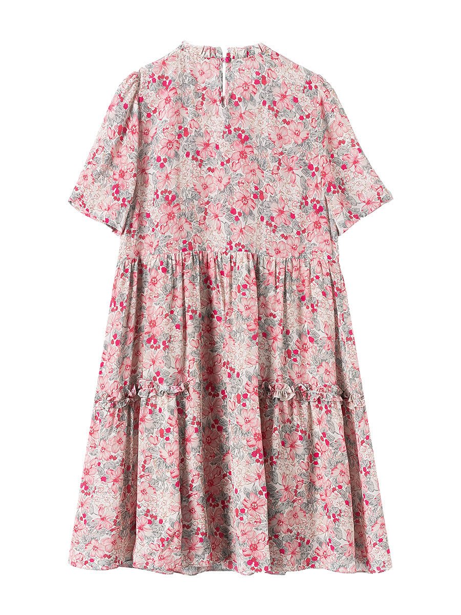 Womens Vintage Inspired Silk Floral Midi Dress Pink Silk Dress