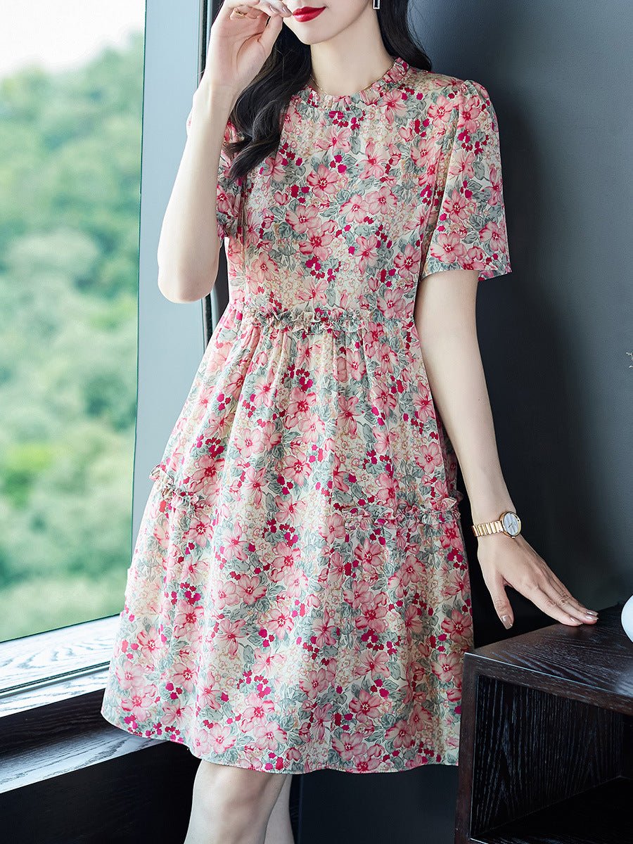 Womens Vintage Inspired Silk Floral Midi Dress Pink Silk Dress