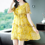 Womens Yellow Ruffled Silk Dress Watercolor Floral Short Silk Dress