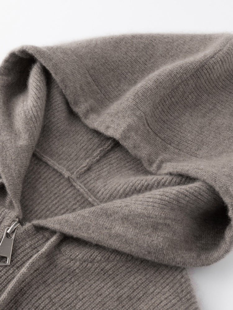 Womens Zip-Up Cashmere Hoodie Long Sleeve Cashmere Knitted Hooded Cardigan Beige XS