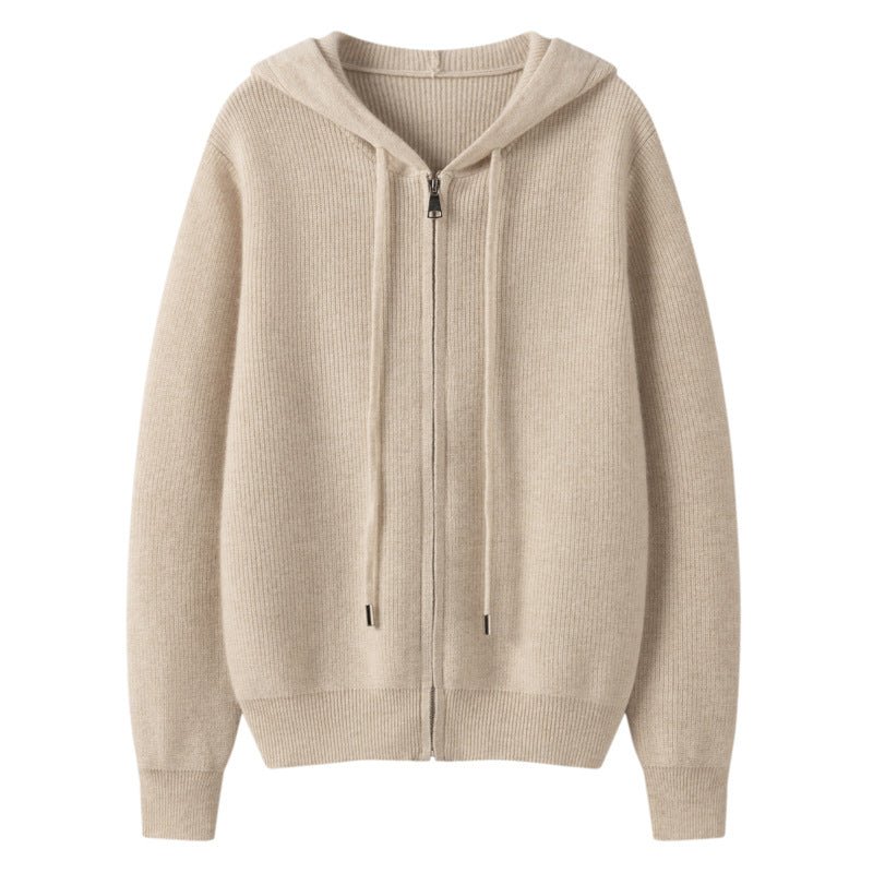 Womens Zip-Up Cashmere Hoodie Long Sleeve Cashmere Knitted Hooded Cardigan Beige XS