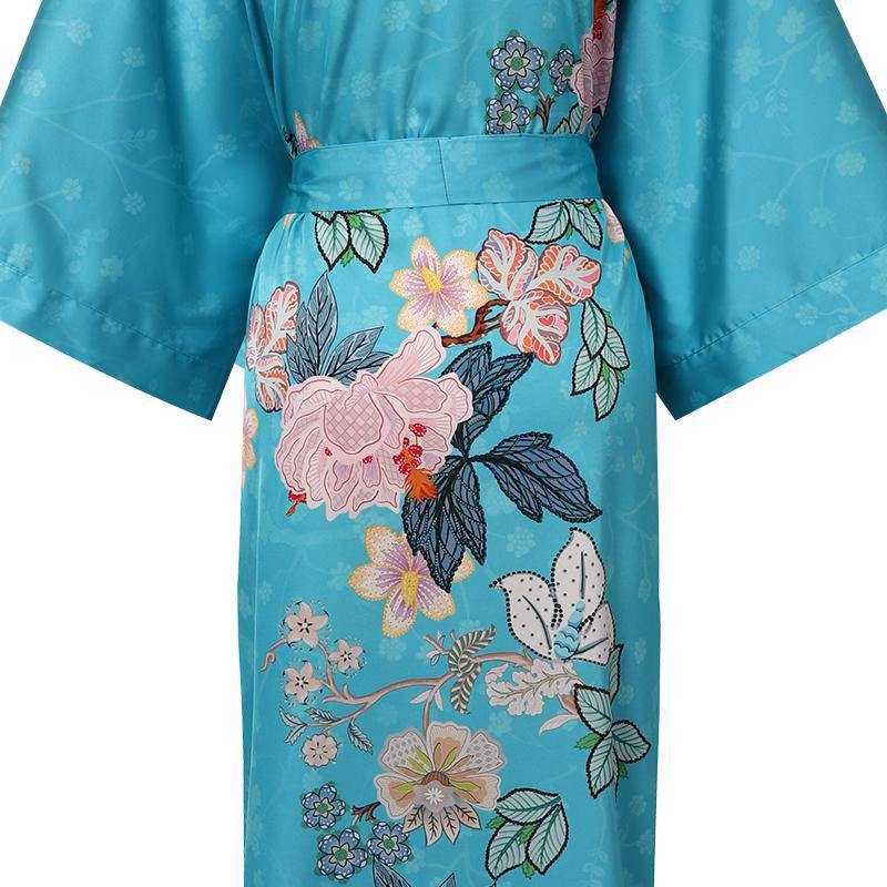 Luxury Long Silk Kimono Robe Hand Painted Cherry Blossom and Leaves - slipintosoft