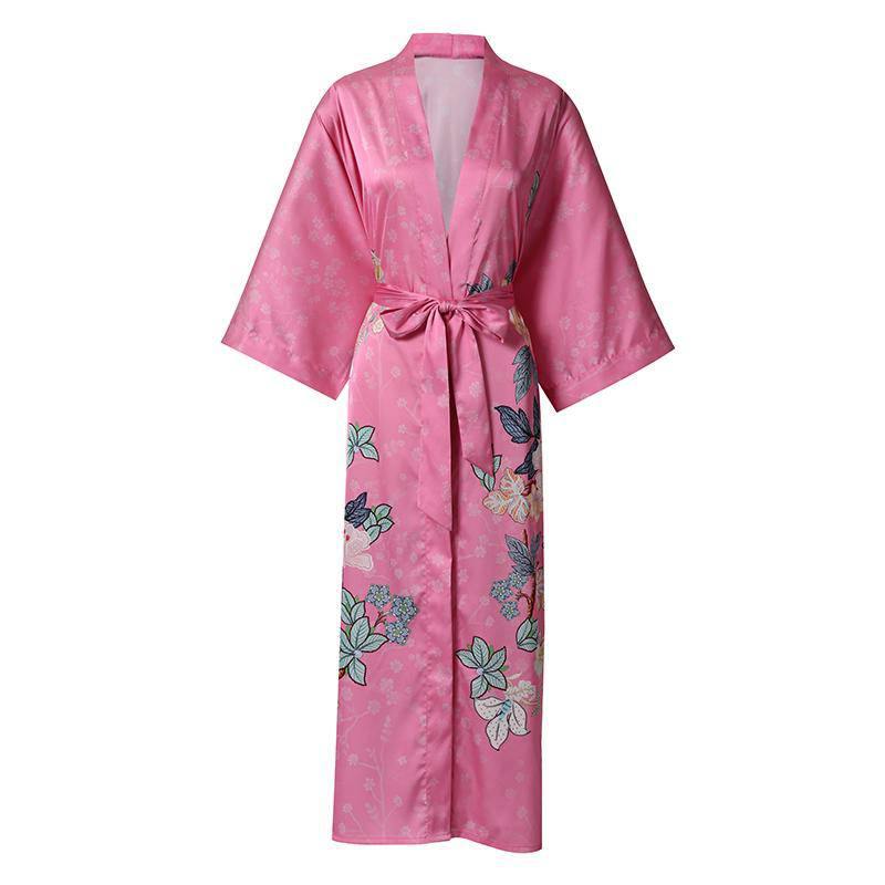 Luxury Long Silk Kimono Robe Hand Painted Cherry Blossom and Leaves - slipintosoft