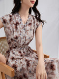 100% Silk Floral Dress for Women V Neck Belted Silk Midi Dress Summer Dress Ivory XS