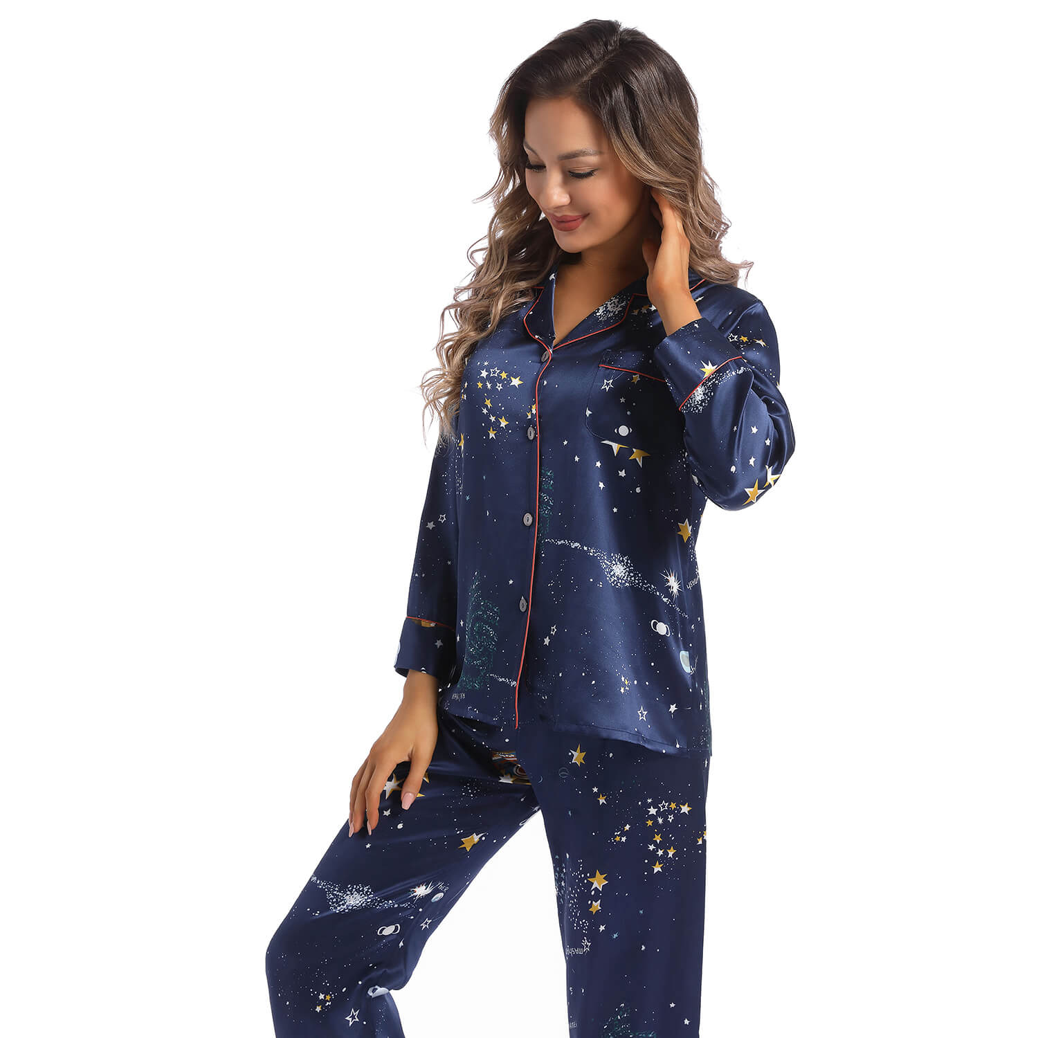 Women's Long Silk Two-Piece Pajamas Set Best Quality Silk Pyjamas Printed Silk PJS