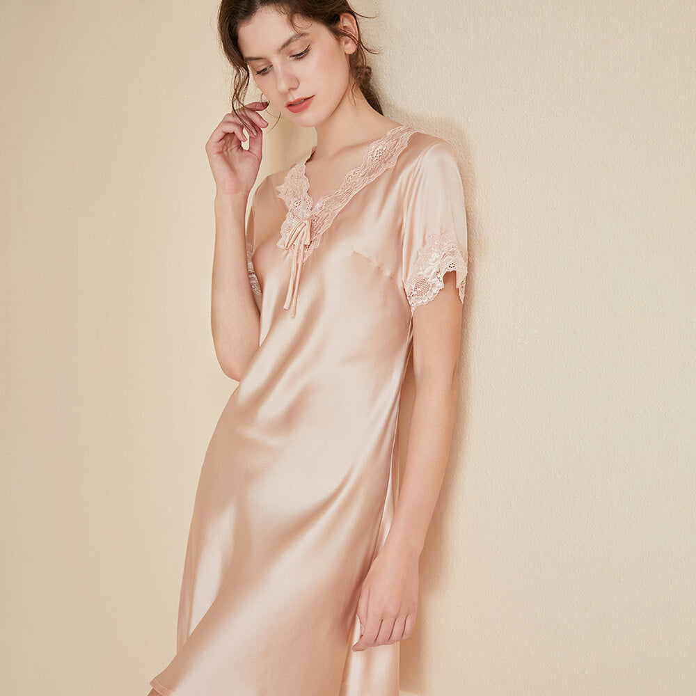 Women's Luxurious Elegant Silk Nightgown Lace Edge Sexy Sleep Dress