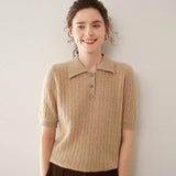 Womens Polo Neck Cashmere Sweater Short Sleeve Cable Knit Cashmere Top