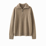 Womens Half-Zip Cable Knit Pure Cashmere Sweater Collared Cashmere Pullover