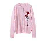 Womens Cashmere Cardigan Rose Embroidered Button Front Cashmere Knit Sweater