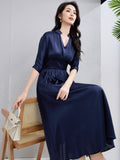 Womens Silk Midi Dress Draped V-Neck Cinched Waist Long Silk Dress