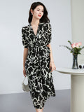 Abstract Print Silk Wrap Dress for Women Silk Midi Dress V Neck Short Sleeve Dress