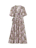 Womens Silk Floral Wrap Midi Dress Puff Sleeve Pleated Waist Silk Dress