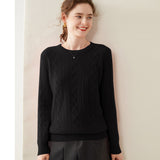 Womens Diamond Knit Cashmere Sweater Long Sleeve Crew Neck Cashmere Pullover