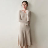 Womens Ribbed V-Neck Cashmere Midi Dress with Flared Sleeves