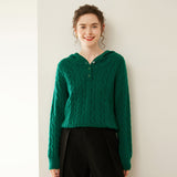 Womens Cable Knit Cashmere Hooded Cashmere Henley Sweater