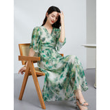 Womens Green Silk Chiffon Dress Silk Maxi Dress Silk Floral Dress