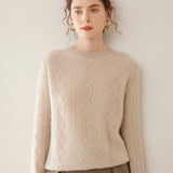 Womens Diamond Knit Cashmere Sweater Long Sleeve Crew Neck Cashmere Pullover