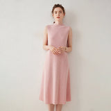 Womens Sleeveless Cashmere Dress Mock Neck Cashmere Knit Midi Dress