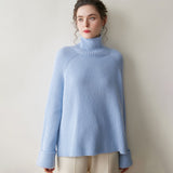 Womens Ribbed Cashmere Sweater Turtleneck Cashmere Raglan Pullover
