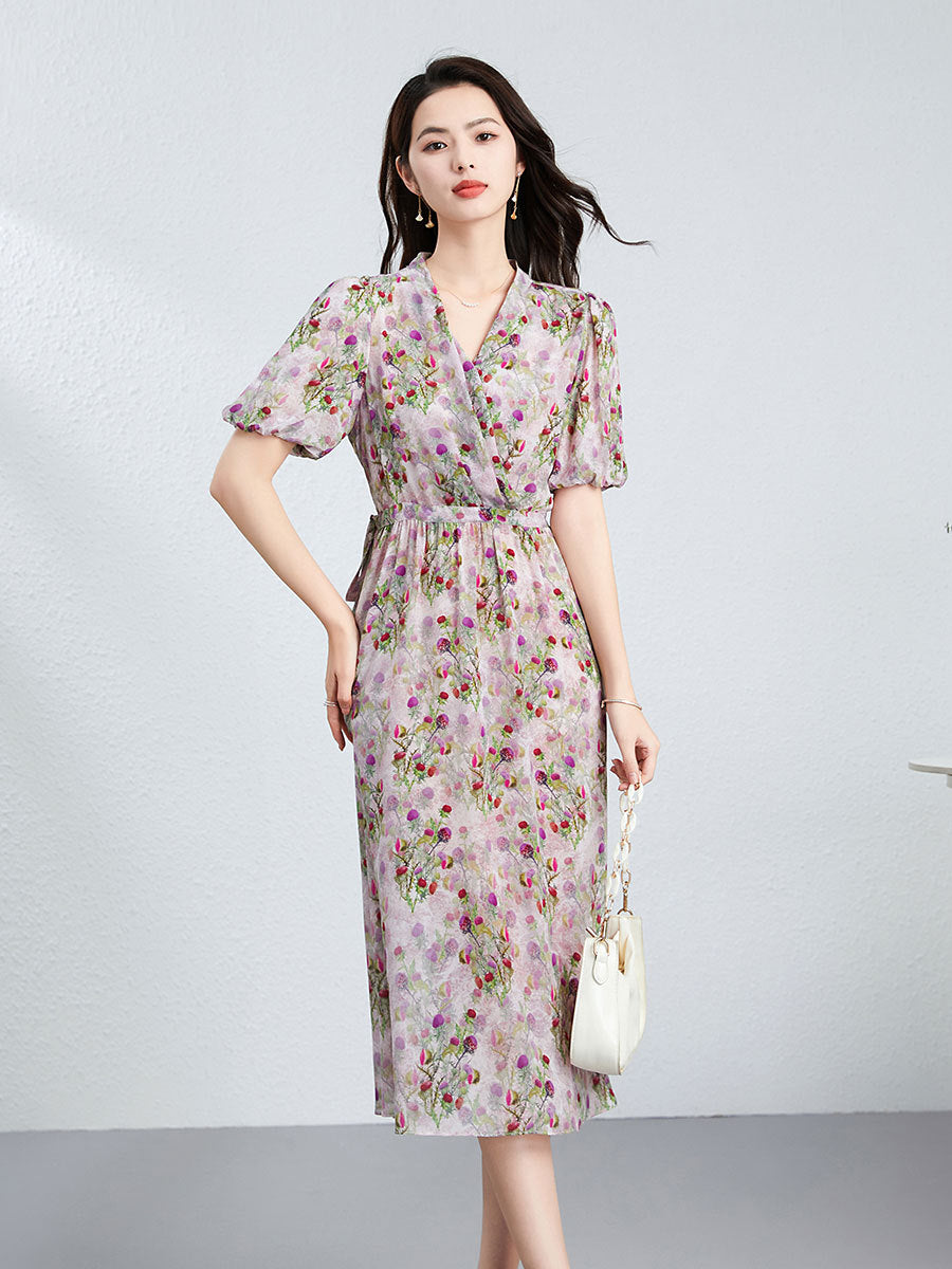 Womens Silk Floral Wrap Midi Dress Puff Sleeve Pleated Waist Silk Dress