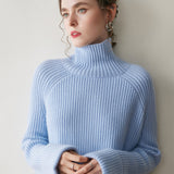 Womens Ribbed Cashmere Sweater Turtleneck Cashmere Raglan Pullover