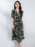 Abstract Print Silk Wrap Dress for Women Silk Midi Dress V Neck Short Sleeve Dress