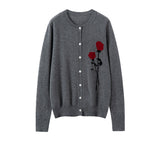 Womens Cashmere Cardigan Rose Embroidered Button Front Cashmere Knit Sweater