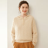 Womens Cable Knit Cashmere Hooded Cashmere Henley Sweater