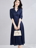 Womens Silk Midi Dress Draped V-Neck Cinched Waist Long Silk Dress