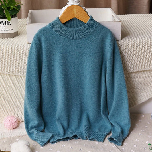 Kids Mock Neck Cashmere Sweater with Ribbed Hem Cashmere Tops Multi Colors