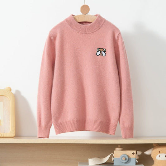 boys and girls crew neck pure cashmere sweater kids embroidery bear patch pullover