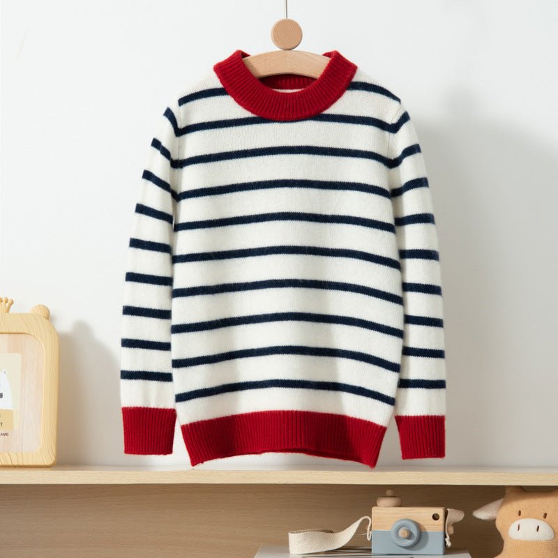 boys and girls crew neck pure cashmere sweater kids striped cashmere pullover - slipintosoft