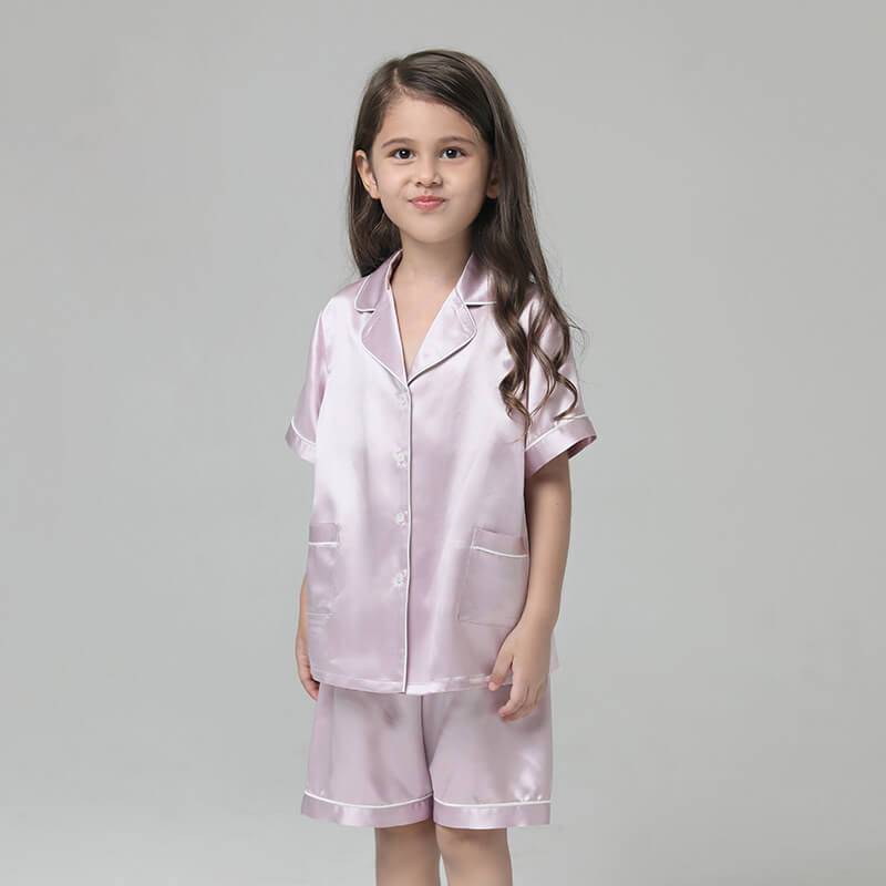 19 Momme Girls' Silk Pajamas Set with Trimming Kids Cute Silk Night Wear Shorts set -  slipintosoft