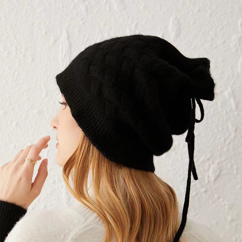 Cashmere Beanie Ribbed Edge with Drawstring Women Thick Cashmere Hats Solid Colors - slipintosoft