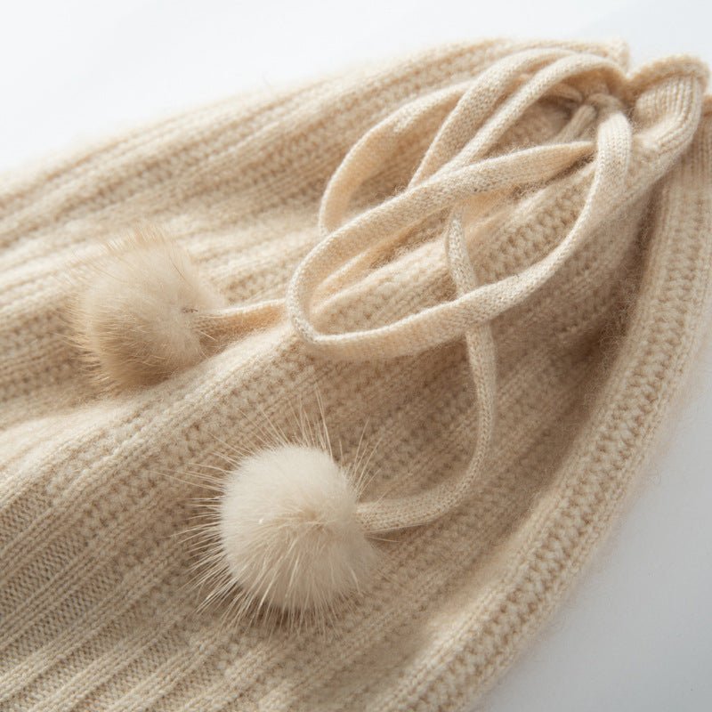 Cashmere Pom - Pom Beanie Hat With Drawstring Closure Thick Ribbing Hats