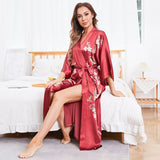 Cherry Blossom And Birds Print 100% Long Silk Kimono Robe