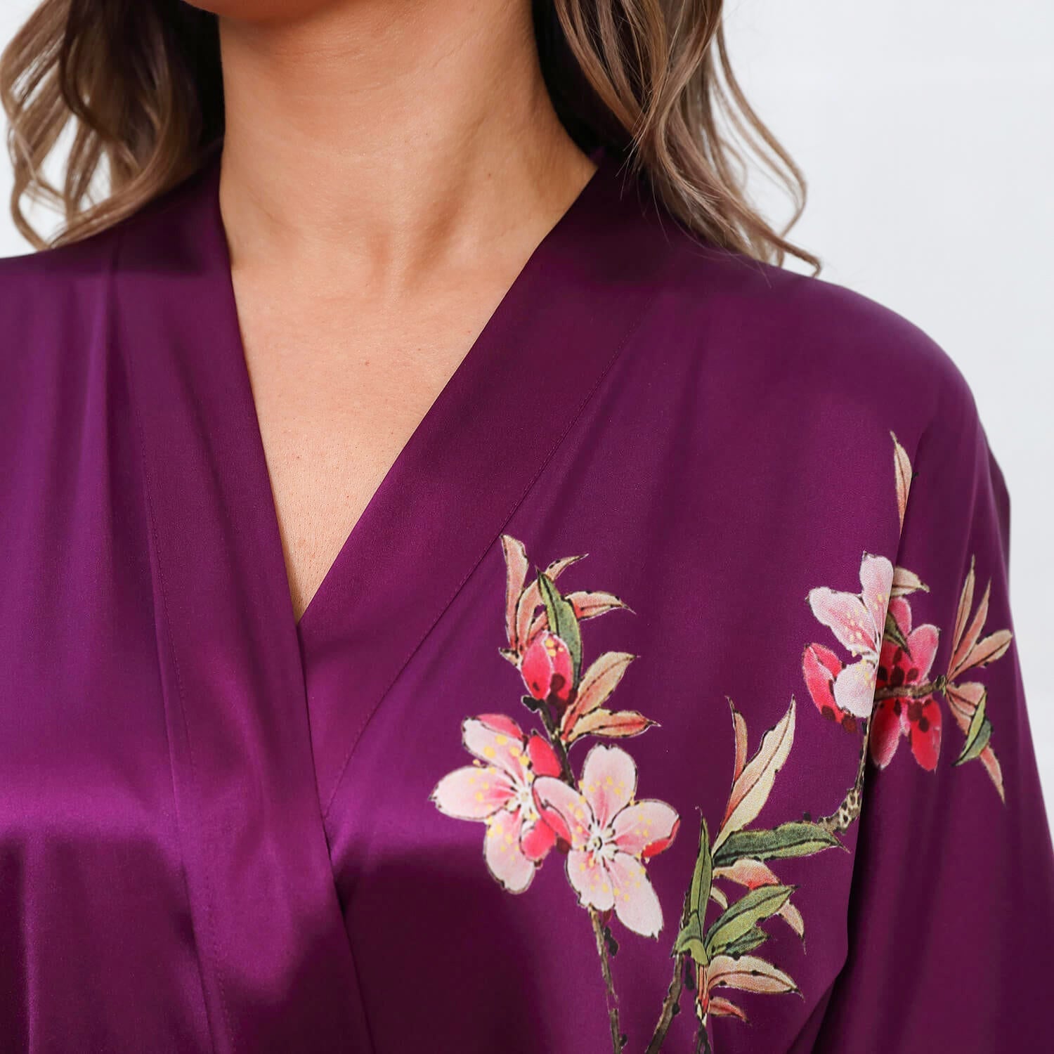 Cherry Blossom And Birds Print 100% Long Silk Kimono Robe - slipintosoft