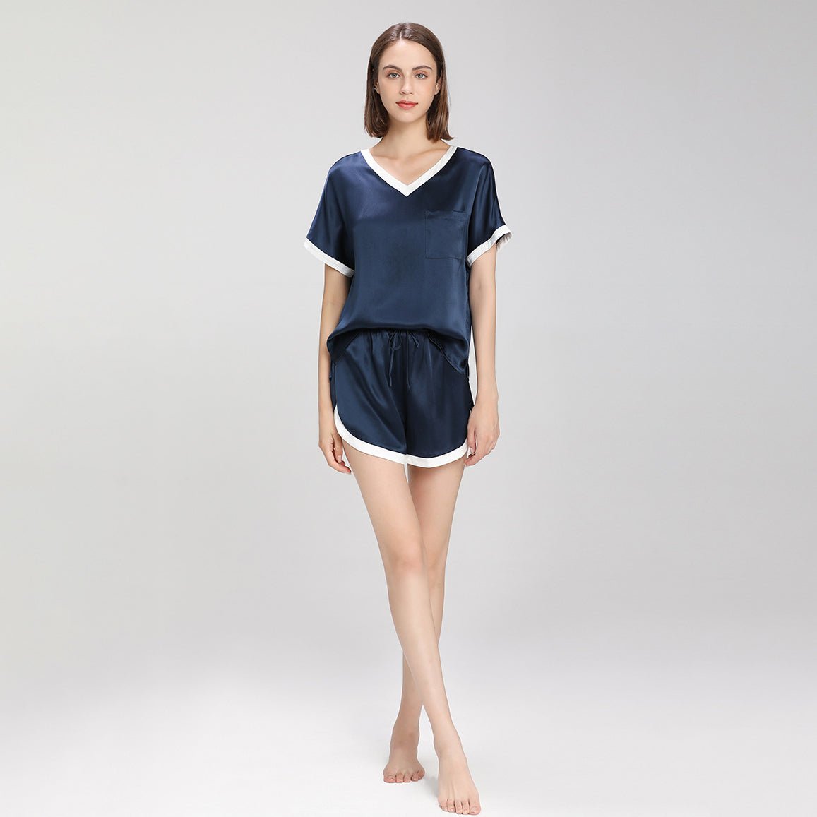 Contrast Color Short Sleeved Silk Pajama Set for Women Short Silk Sleepwear - slipintosoft