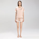 Contrast Color Short Sleeved Silk Pajama Set for Women Short Silk Sleepwear