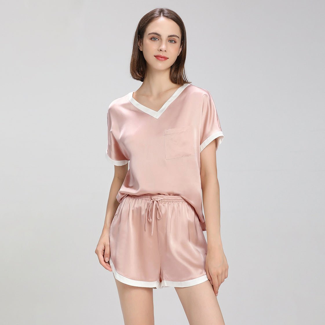 Contrast Color Short Sleeved Silk Pajama Set for Women Short Silk Sleepwear - slipintosoft