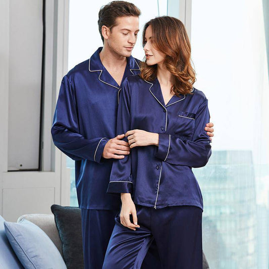 Long Silk Couple Pajamas Set 4pcs Silk Pjs For Mens & Womens