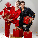 Couples silk pajamas Silk Christmas Pajamas 2 Sets for Men And Women