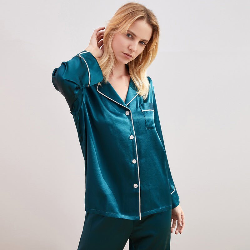 Dark Green Piped Full Length Silk Pyjama Set For Women - slipintosoft